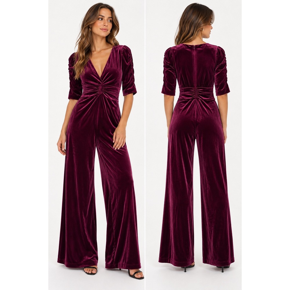 Vince Camuto Plum Stretch Velvet Twist Front Wide Leg Jumpsuit Women's Size 8